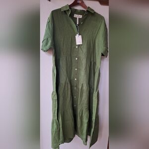 NWT Crown Linen Designs 100% Linen Midi Dress Green Womens Size L